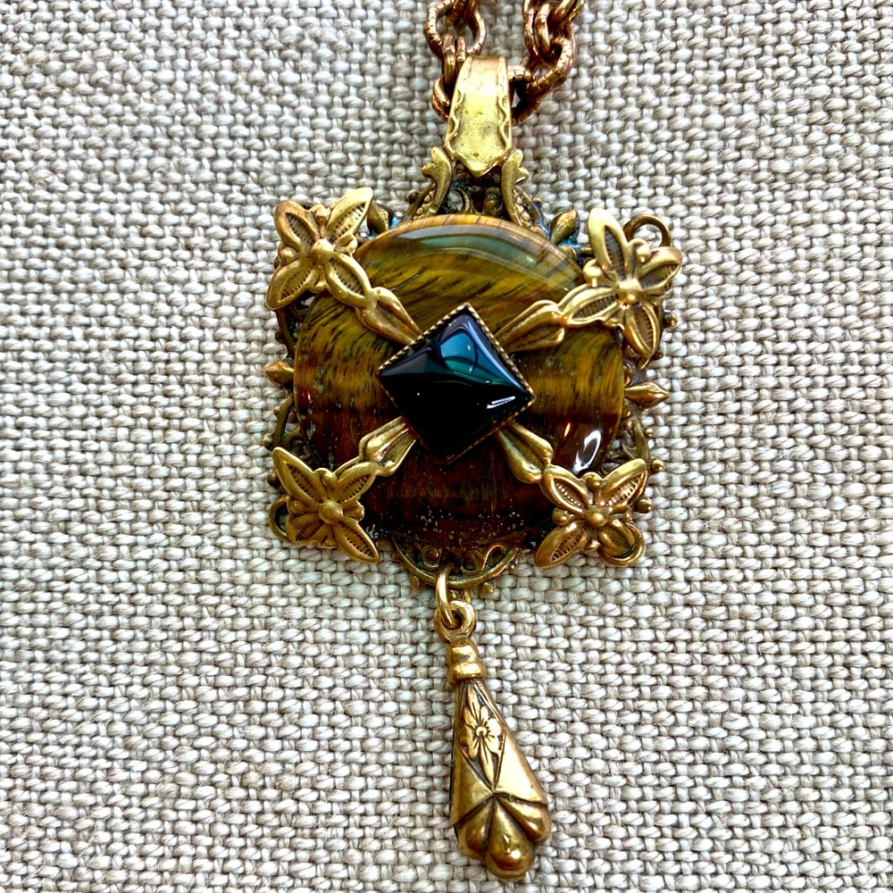 VTG Jan Michaels Tigers Eye & Black Onyx Pendant Necklace on Long Chain - Picture 6 of 10